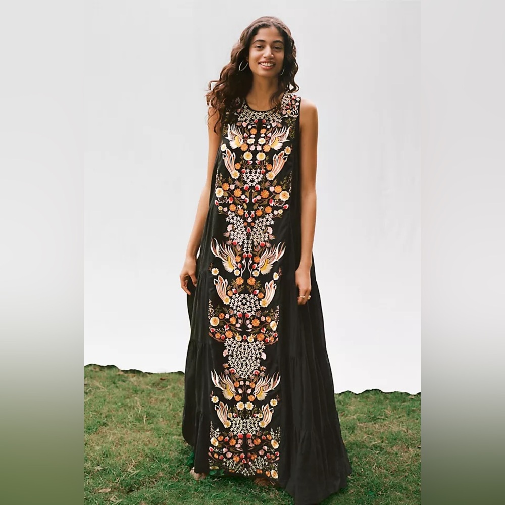 Anthropologie Black Maxi Dress with Multicolor Embroidery